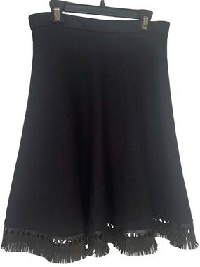 Catherine Malandrino Black Knit Laser Cut Faux Leather Fringe Hem Skirt Medium